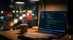深夜のコーディングと雨の音。